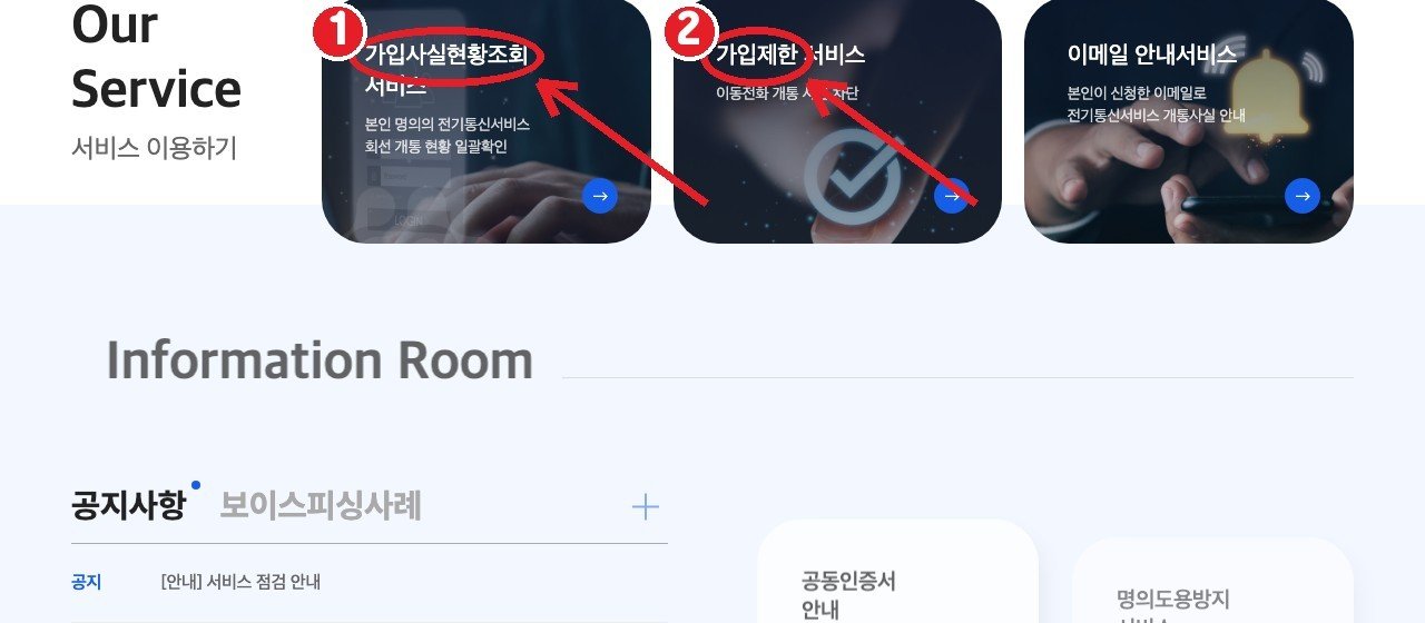 명의도용방지서비스 Msafer 첫 화면 — ① 가입사실현황조회 ② 가입제한 서비스