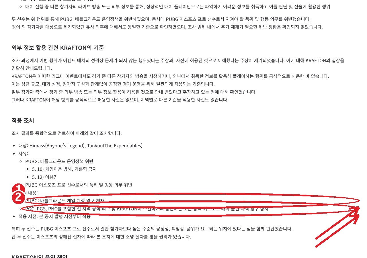 같은 공지의 「적용 조치」 — ① 게임 계정 영구 제재 ② 공식 대회 출전 자격 영구 정지