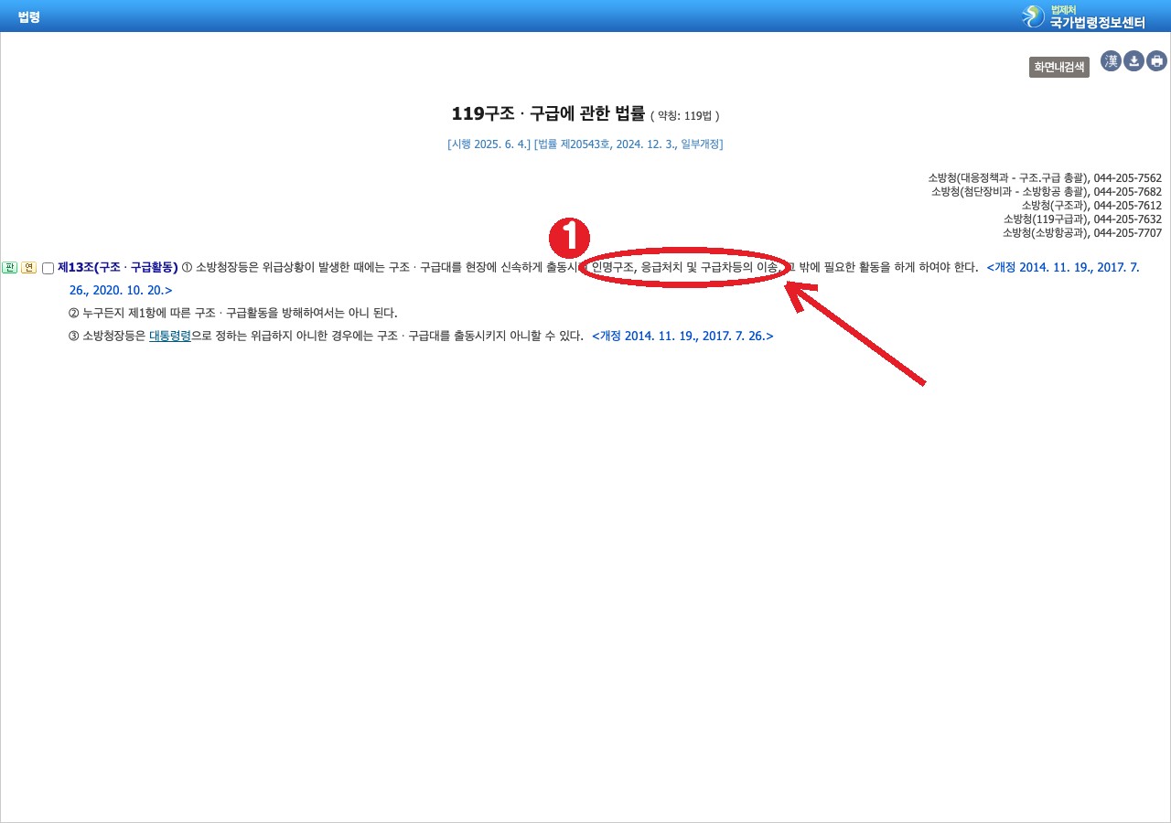 같은 법 제13조 — 구조·구급대가 인명구조, 응급처치 및 구급차등의 이송을 하게 함