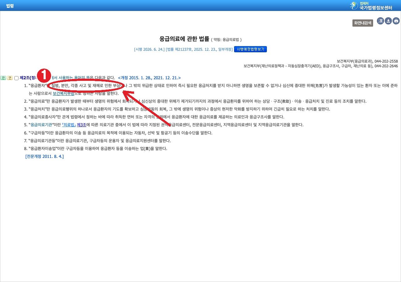 응급의료에 관한 법률 제2조 — 응급환자 정의에 「질병, 분만, 각종 사고 및 재해로 인한 부상」이 들어 있음