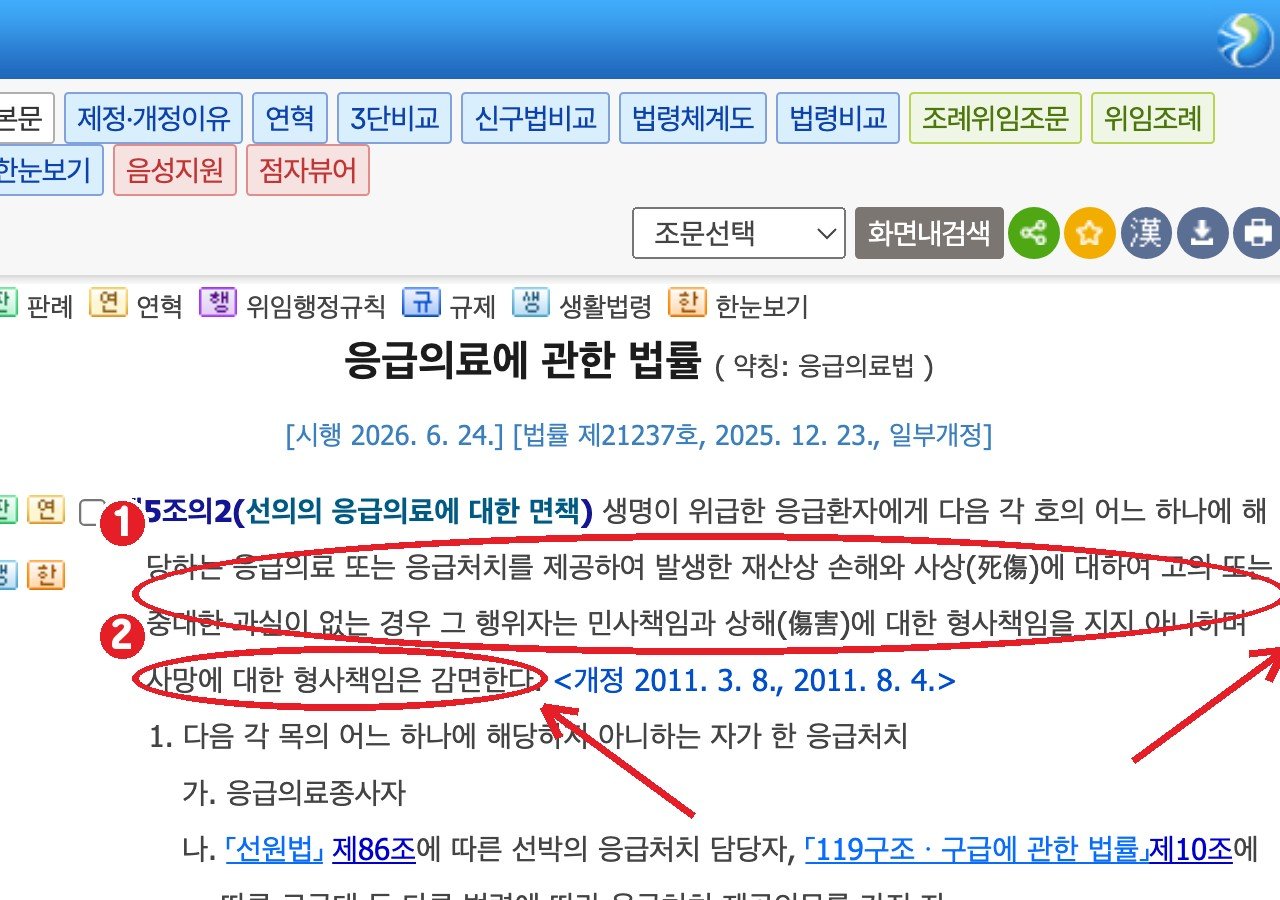 국가법령정보센터 응급의료법 제5조의2 — ① 선의의 응급의료에 대한 면책 ② 고의 또는 중대한 과실이 없으면 민사책임·상해 형사책임이 없고 사망 형사책임은 감면