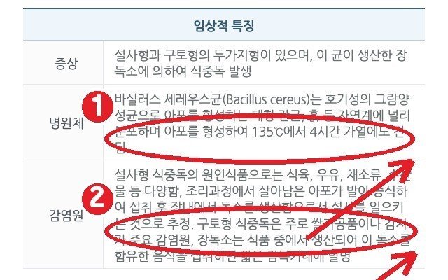 식약처 식품안전나라 「바실러스 세레우스균」 — ① 아포를 형성해 135℃에서 4시간 가열에도 견딤 ② 구토형은 주로 쌀가공품·감자가 감염원