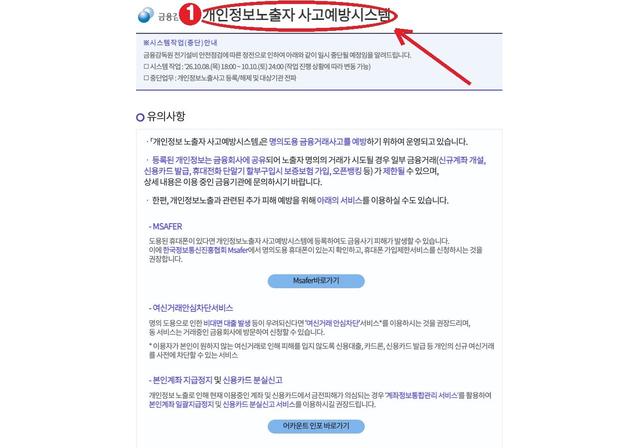 금융감독원 개인정보노출자 사고예방시스템 — ① 내 정보 노출 등록 메뉴