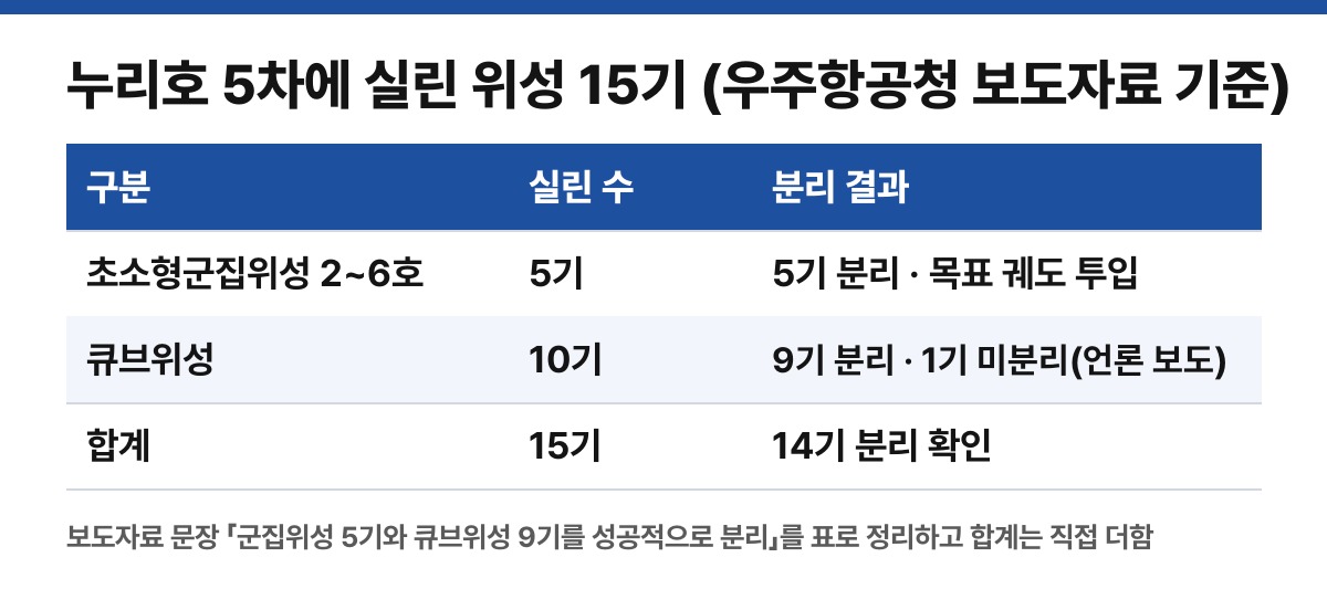 누리호 5차에 실린 위성 15기 (보도자료 문장을 표로 정리, 합계는 직접 더함)
