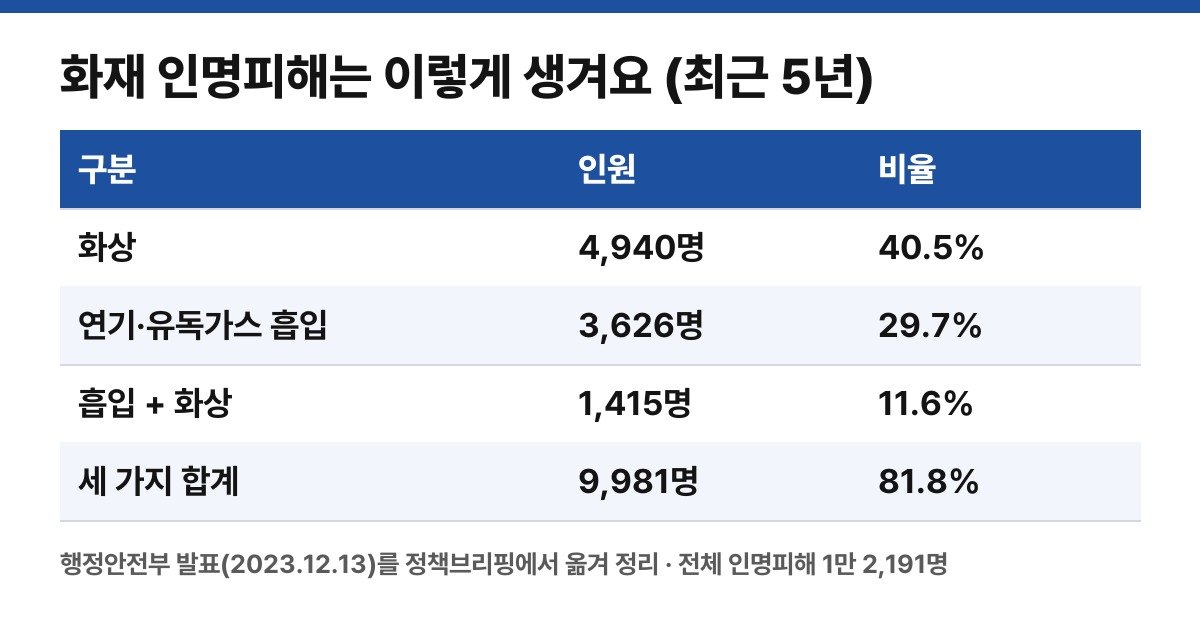 화재 인명피해 원인별 인원 (공식 수치를 옮겨 직접 만든 표)